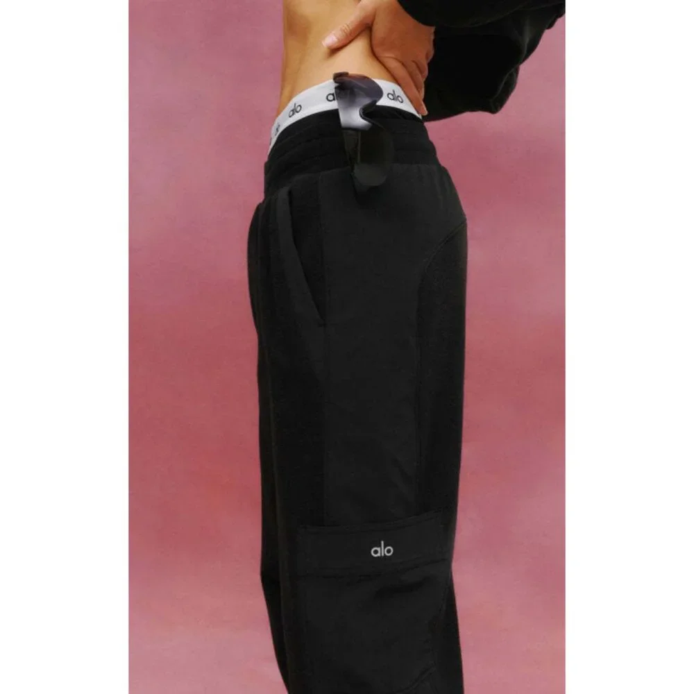 Alo Polar Fleece Wintry Mix Pant Black High-Rise Waist Fleece Fuzzy Warm Joggers